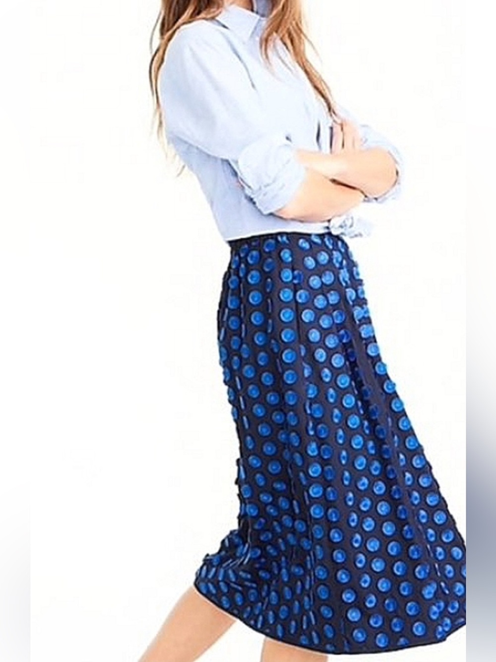 J. Crew Navy Midi Skirt with Blue Fringe Polka Dots